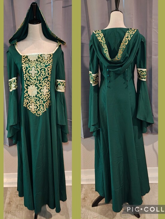 Source Unknown Dresses & Skirts - Medieval Renaissance Hooded Gown w Trumpet Sleeves & Ornate Gold Brocade Panel.